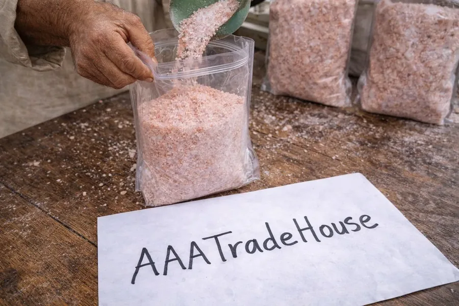 Himalayan pink salt packed into bulk export bags at AAA Trade House